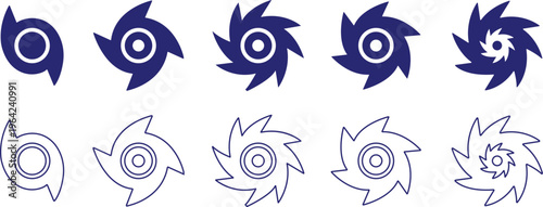 Hurricane cyclone icon set collection group in flat line style featuring storm, typhoon, tornado, whirlwind, vortex and weather synonym elements for disaster alert, climate design and warning graphics