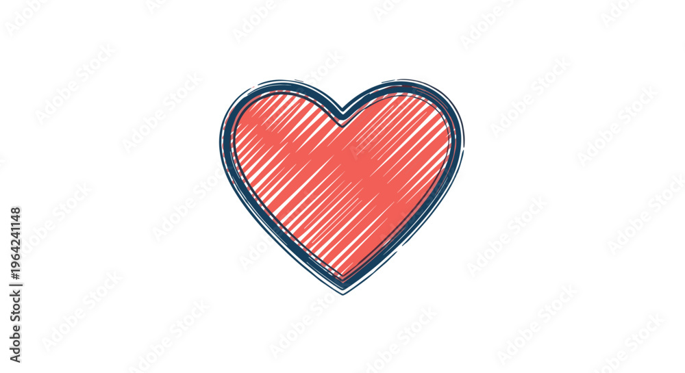 Obraz premium Hand drawn red heart icon with a rough cross hatch texture and dark blue outlines on a plain white background.