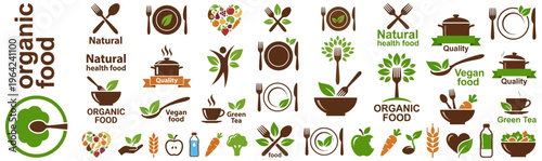 Collection of organic vegan and natural food icons including symbols for healthy eating cooking and beverages set against a clean visual presentation vegan food organic food