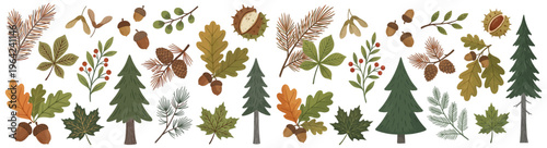 A collection of stylized autumn and evergreen forest elements including oak leaves maple leaves pine cones acorns chestnuts and pine trees arranged horizontally fall nature