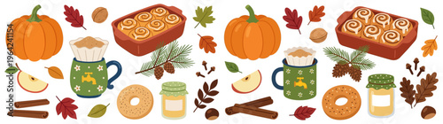An assortment of autumn treats and seasonal elements including pumpkins cinnamon rolls apple slices coffee honey jars bagels walnuts and decorative fall leaves baked good