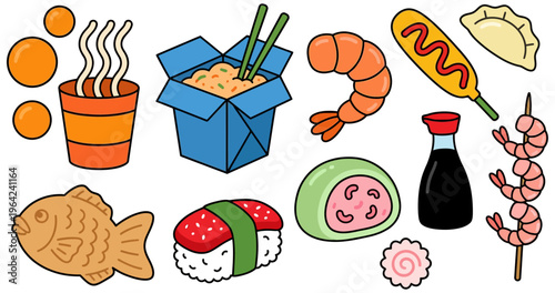 A colorful assortment of Japanese and Asian food items including noodles sushi shrimp mochi tempura and soy sauce Japanese food ramen rice dumplings taiyaki corn dog kashipan