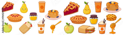 Collection of cute cartoon food and drink items including pies pancakes cookies apples pears sandwiches and beverages illustration dessert sweet breakfast coffee honey fruit