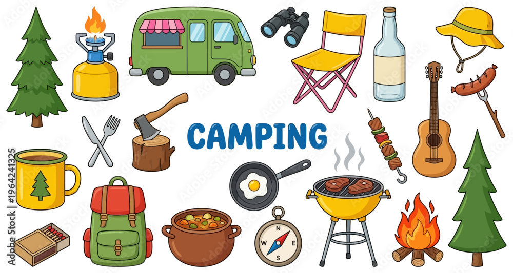 Naklejka premium A collection of illustrative icons representing camping gear and activities including a tent trailer campfire grill food and musical instruments outdoor adventure travel nature