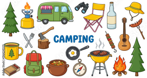 A collection of illustrative icons representing camping gear and activities including a tent trailer campfire grill food and musical instruments outdoor adventure travel nature