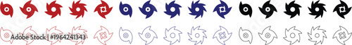 Hurricane cyclone icon set collection group in flat line style featuring storm, typhoon, tornado, whirlwind, vortex and weather synonym elements for disaster alert, climate design and warning graphics