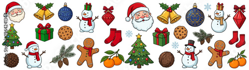A cheerful collection of Christmas icons including Santa Claus snowmen Christmas trees gifts ornaments bells cookies socks oranges pinecones and gingerbread men snowman gingerbread man