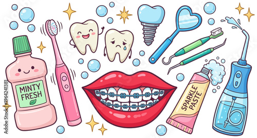 A collection of charming cartoon dental hygiene tools and happy and sad teeth symbolizing oral care and a bright smile tooth illustration mouth lips braces toothbrush electric toothbrush