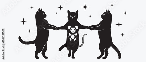 Mystical Black Cats Dancing Under Stars with Mouse Symbol