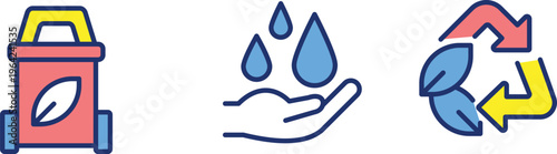 Illustration of recycling, water conservation, and organic waste disposal concepts