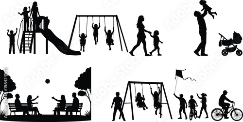 Family park activities silhouettes children playing parents walking swings cycling outdoor lifestyle cad drawing flat vector illustration set design concept