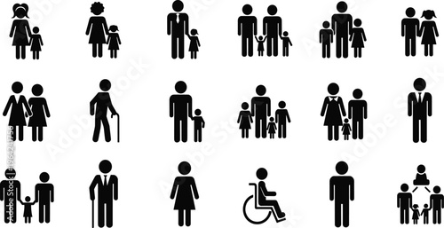Family silhouettes set people icons parents children elderly disability figures minimal black white cad drawing flat vector illustration collection design