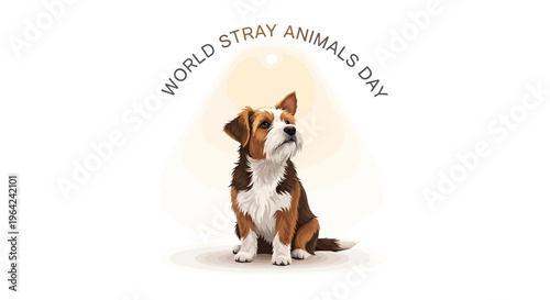 Illustration of a brown and white dog sitting in front of a light yellow circle with the text 'World Stray Animals Day' written above it on a white background.