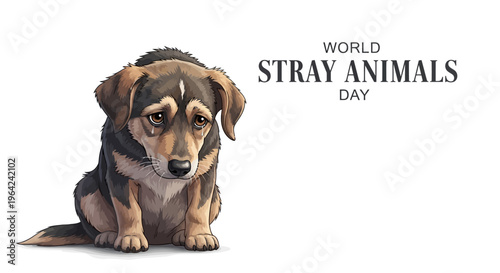 Illustration of a sad brown dog for World Stray Animals Day awareness campaign on a white background with text.