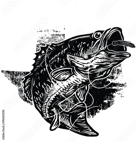 A black and white graphic illustration of a largemouth bass fish shaped like the state of texas Vector