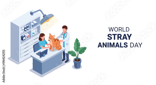 Illustration of a veterinarian and assistant caring for an orange cat on World Stray Animals Day with a modern clinic background and awareness campaign elements.