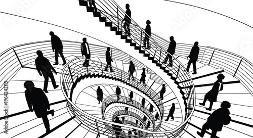 People silhouettes walking spiral staircase modern architecture perspective urban cad drawing flat vector illustration design abstract crowd movement concept