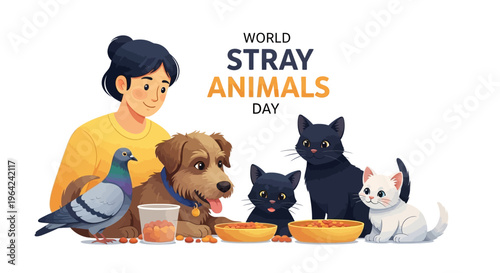 Illustration of a woman feeding stray animals including a dog, cats, and a pigeon on World Stray Animals Day with a design vector for awareness and protection campaigns.
