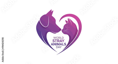 Vector illustration of a heart-shaped design featuring a dog and cat for World Stray Animals Day awareness campaign with purple and pink gradient colors on a white background.