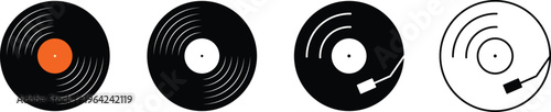 Vinyl Record Vector Icon Set with Turntable and Musical Disc Graphics