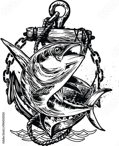 A detailed black and white illustration of a tuna fish leaping in front of a rustic ship anchor Vector