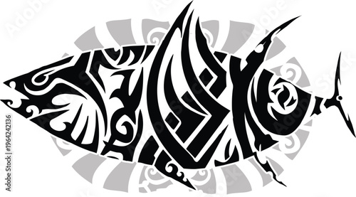 A stylized tribal tattoo design depicting a tuna fish with intricate black and white patterns Vector