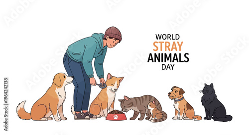 Illustration of a woman feeding stray dogs and cats on World Stray Animals Day with a design vector for awareness and animal rescue campaigns.