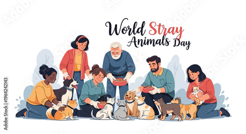 Illustration of diverse people with pets on World Stray Animals Day, promoting awareness and protection for homeless animals in a colorful design.