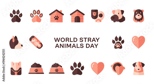 A colorful illustration design for World Stray Animals Day featuring various animal icons and symbols on a white background with a heartwarming theme.
