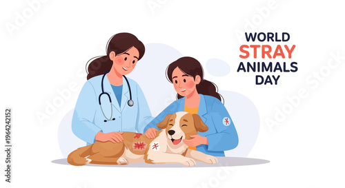 Illustration of two veterinarians caring for a dog on World Stray Animals Day with a design promoting animal rescue awareness.