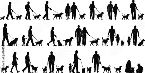 People walking dogs silhouettes pet owners outdoor lifestyle cad drawing flat vector illustration design isolated collection human animal interaction concept