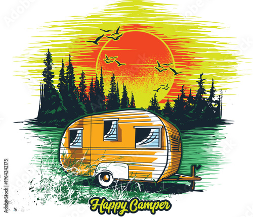 A retro graphic illustration featuring a vintage camping trailer parked by a forest at sunset Vector