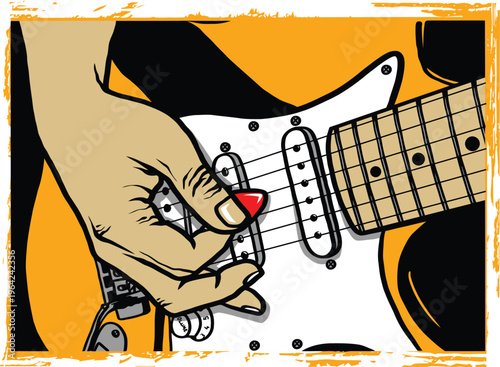 A close up illustration of a musician playing an electric guitar with a bold red plectrum pick Vector