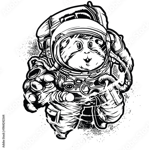 A detailed black and white illustration of a cute guinea pig wearing a bulky space suit helmet Vector