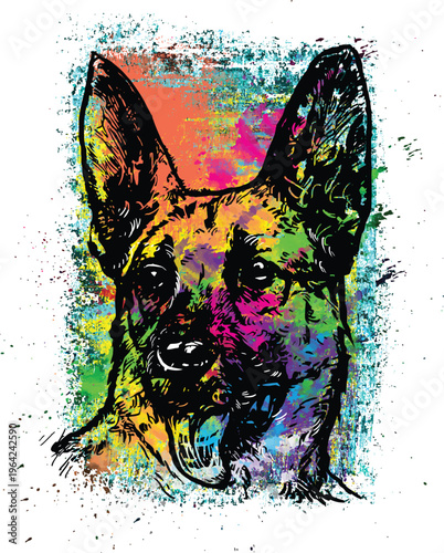 A vibrant and artistic pop art style portrait illustration of a happy german shepherd dog face Vector