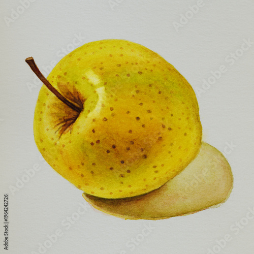 Hand-drawn watercolor illustration of a ripe yellow Golden Delicious apple on textured paper. Featuring realistic dark dots on peel, a small stem, and a soft artistic shadow. Vibrant colors.