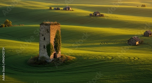 Ancient stone tower stands amidst rolling green hills illuminated by warm sunlight