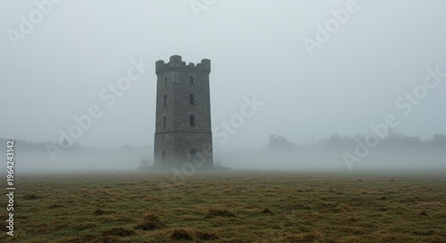 Stone tower stands alone amid dense fog covering a grassy field