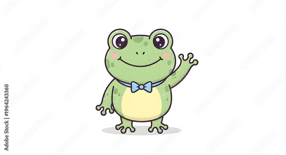 Naklejka premium Cute cartoon frog with a bowtie waving hello, friendly kawaii character illustration isolated on white