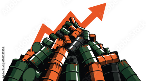 Rising Oil Prices Illustration with Stacked Barrels and Upward Arrow Graphic