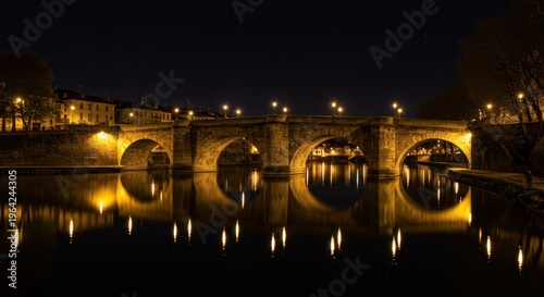Ancient stone arch bridge illuminated at night reflects on the calm dark water below