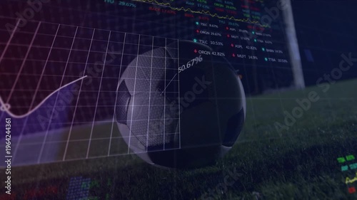 Animation of graphs and financial data over soccer ball on field