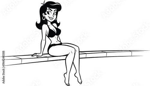 Cartoon woman sitting on a ledge in a bikini
