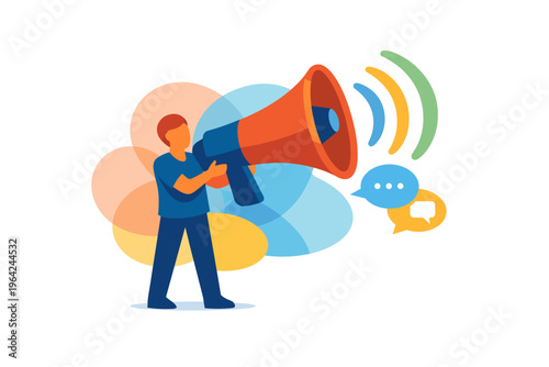 Man holding a large megaphone announcing something important.