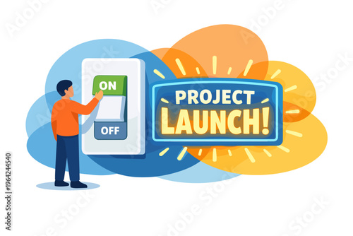 Man flips switch to launch project with bright sign.