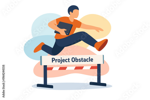 Man jumping over project obstacle hurdle with determination.