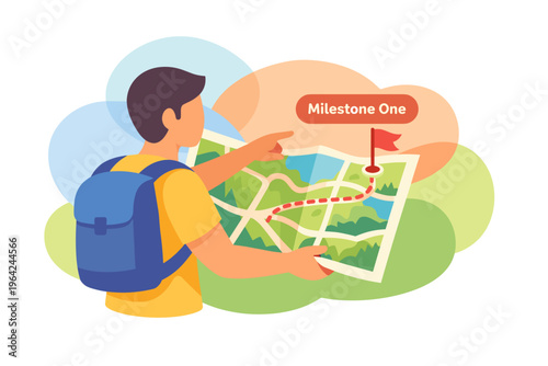 Man with backpack pointing at map with milestone marker.