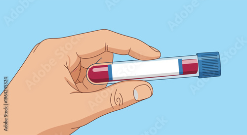 Close-up illustration of a hand holding a medical test tube filled with a blood sample for analysis in a laboratory setting.