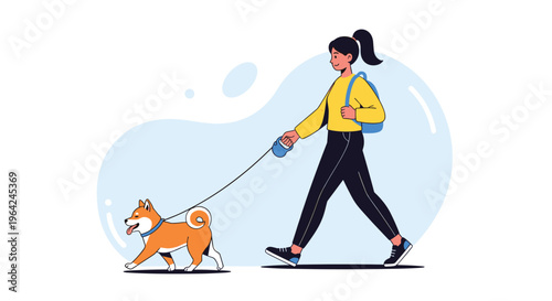 Young woman with a backpack enjoying a walk with her cute shiba inu dog on a leash, against a simple abstract background.