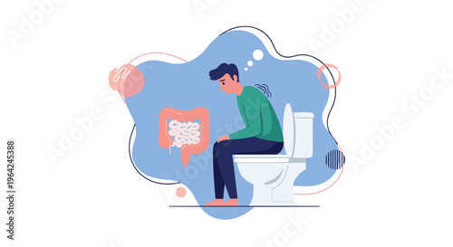 Man suffering from digestive problems like constipation or ibs, sitting on a toilet with an illustration of his intestines nearby.